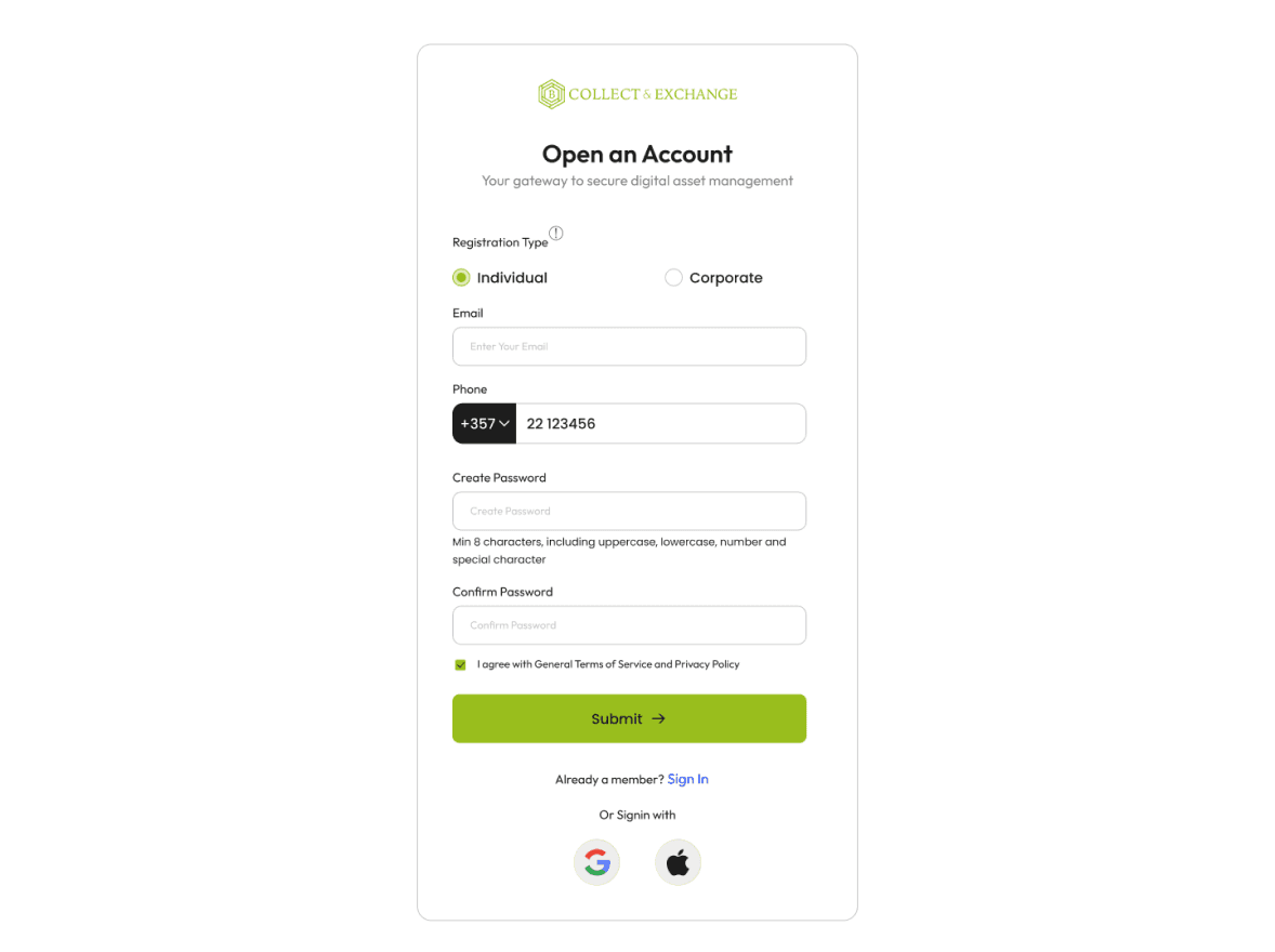 Open an account on the Collect & Exchange CY platform