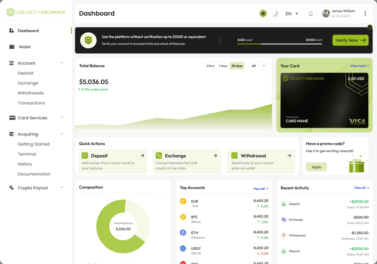 Collect & Exchange CY platform dashboard