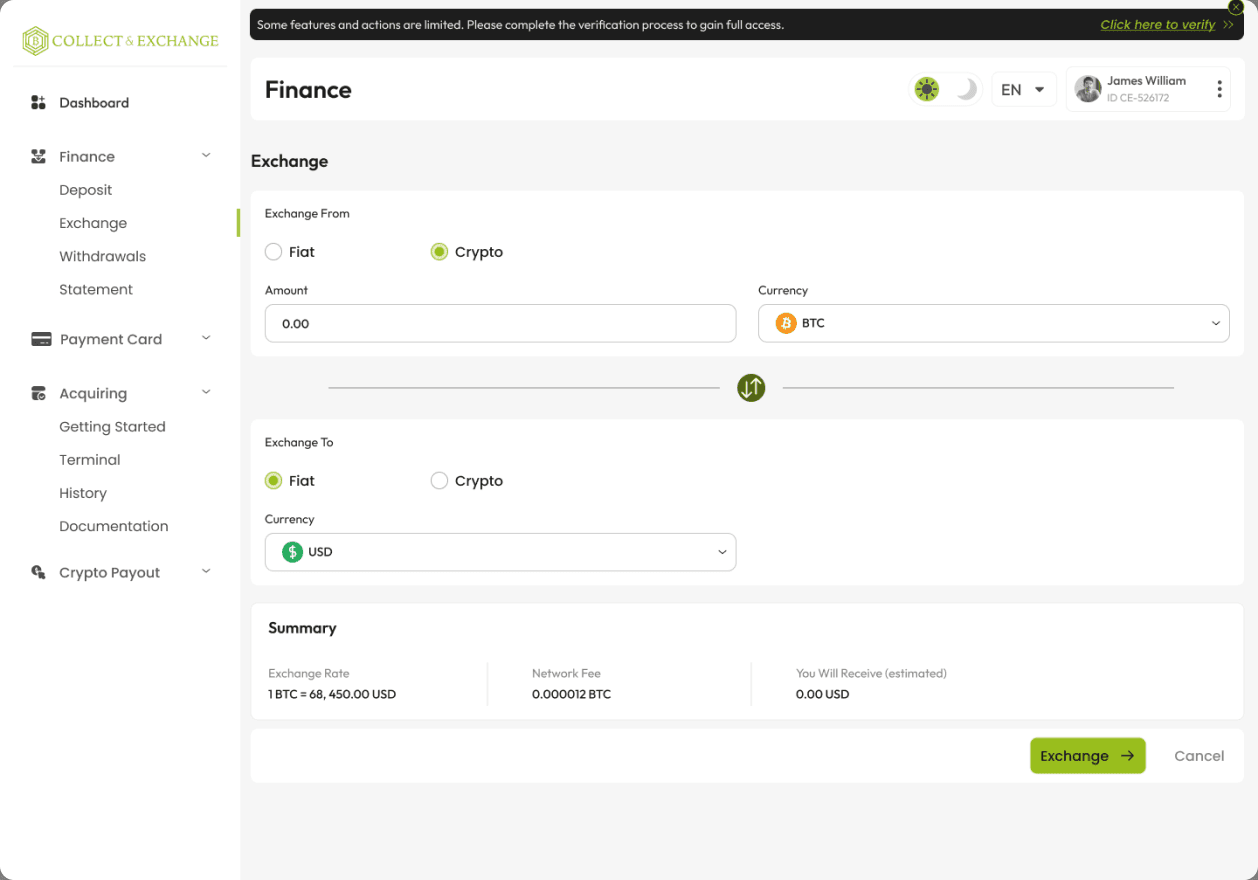 Exchange crypto to fiat on the Collect & Exchange CY platform